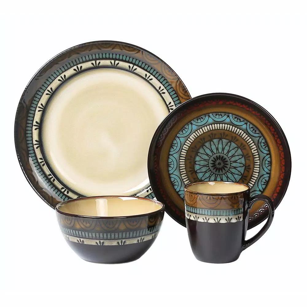 Lorren Home Trends 16-Piece Stoneware Dinnerware Set, Service for 4, Assorted Earth Tone Mosaic Design