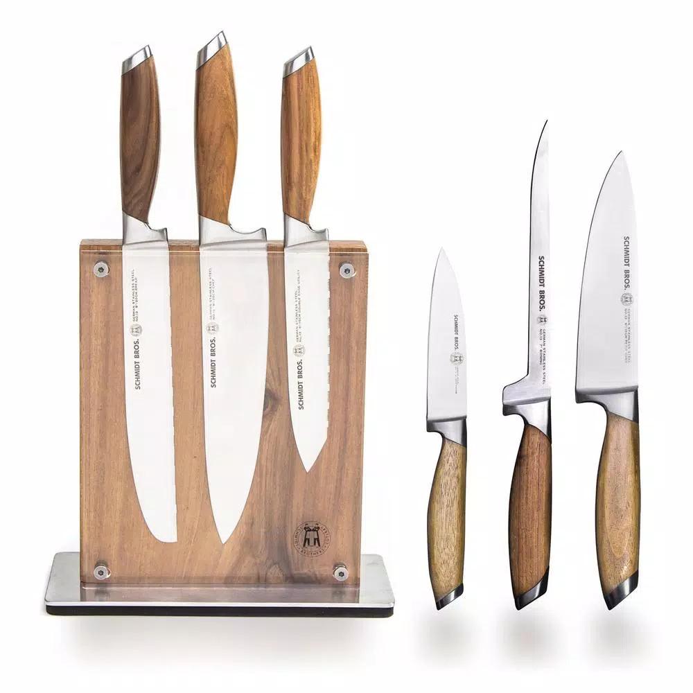 SCHMIDT BROS. Schmidt Brothers 7-Piece Bonded Teak Stainless Steel Knife Set with Acacia Midtown Magnetic Block