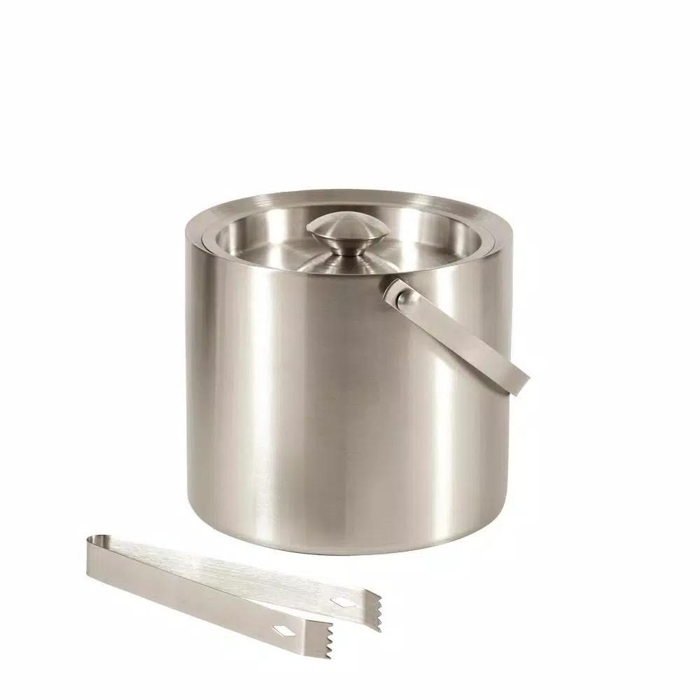 BEY-BERK Classic Stainless Steel 5 Qt. Double Wall Ice Bucket with Lid, Handle, and Ice Tongs