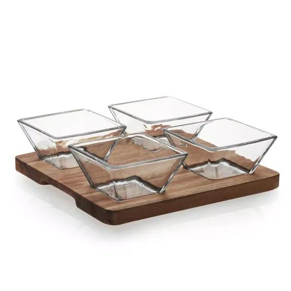 Libbey Acaciawood 5-Piece Antipasto Serving Set with 4 Glass Bowls and Wood Board