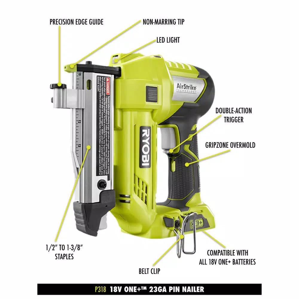 RYOBI 18V ONE+ AirStrike 23-Gauge 1-3/8 in. Headless Pin Nailer Kit with 1.5 Ah Battery and Charger