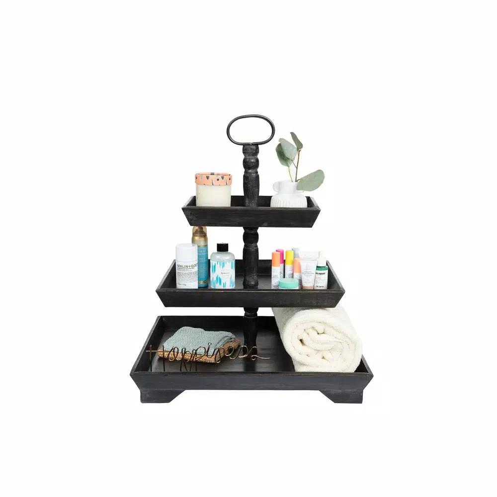 3R Studios Black Wood Three Tier Decorative Tray with Handles