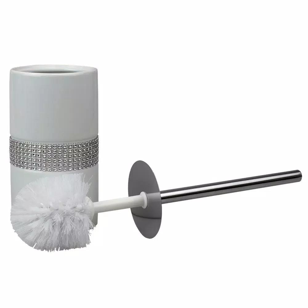 Unbranded White Ceramic Toilet Brush Holder with Sequin Accents and Stainless Steel Handle