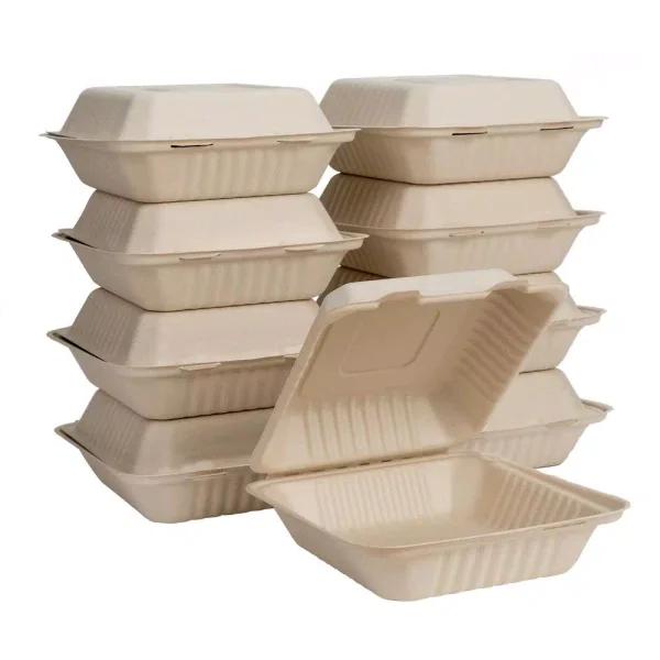 Unbranded 8 in. Natural Sugarcane Clamshell Containers, Biodegradable & Compostable (300 Pack)