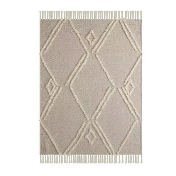LR Home Fringe Tufted Geometric Cotton Throw Blanket - Beige/Cream