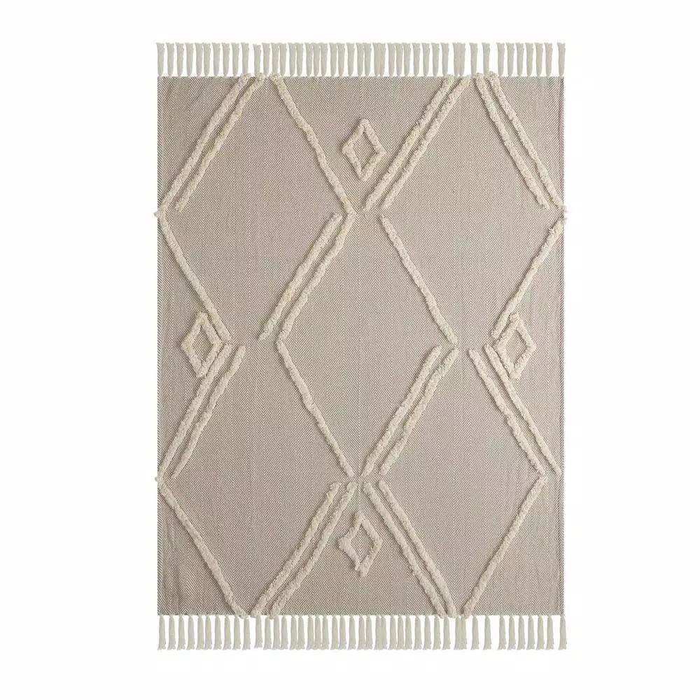 LR Home Fringe Tufted Geometric Cotton Throw Blanket - Beige/Cream