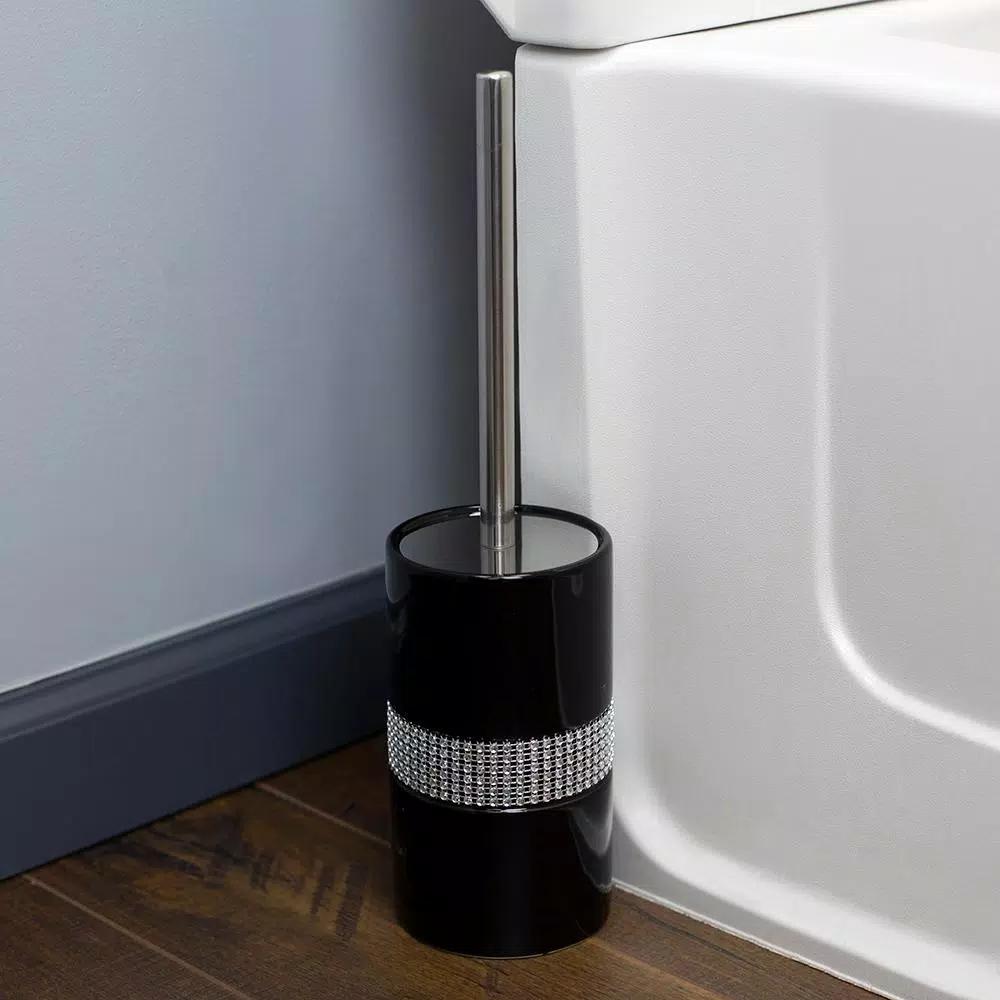 Unbranded Black Ceramic Luxury Toilet Brush Holder with Sequin Accents and Stainless Steel Handle