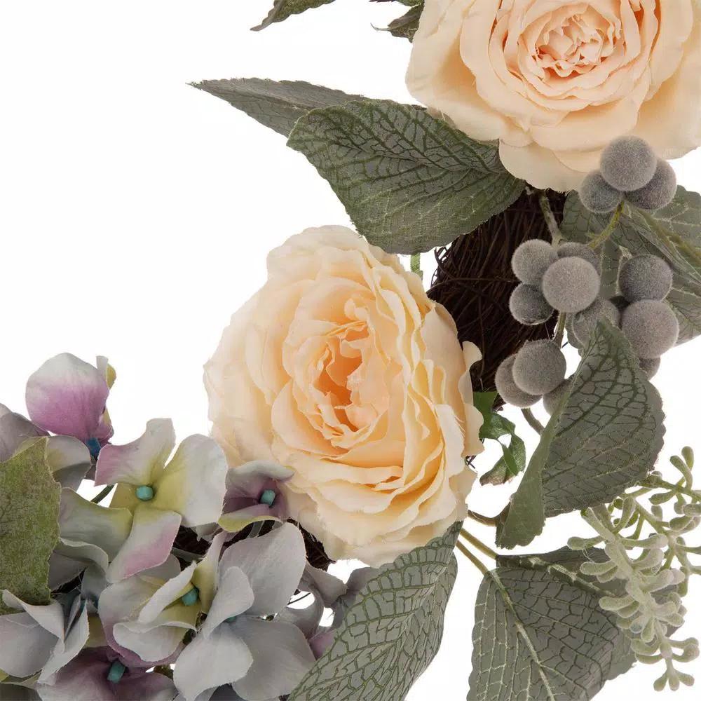 Glitzhome 22 in. Hydrangea Rose Wreath with 24 in. Bamboo Tobacco Basket Set