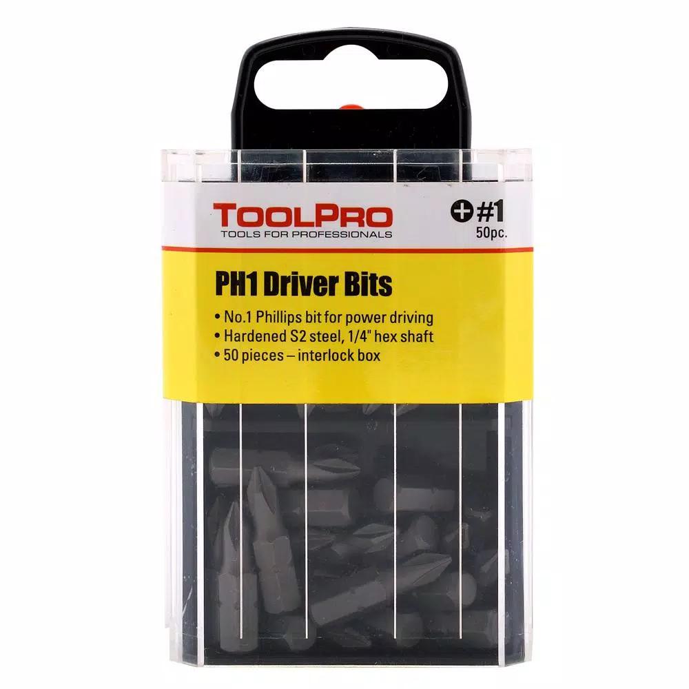 ToolPro 50-Piece #1 Phillips Bit Set in Interlocking Storage Box, Hardened S2 Steel