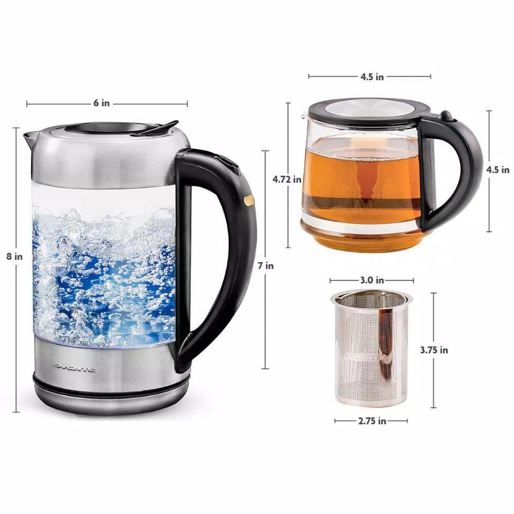 Ovente KG612S 1.7L Glass Electric Kettle with ProntoFill Technology and Reusable Teapot Infuser, Silver
