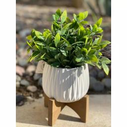 Flora Bunda 10.75 in. Faux Tea Leaf Plant in White Ridge Pattern Ceramic Planter with Wood Stand thumbnail 3