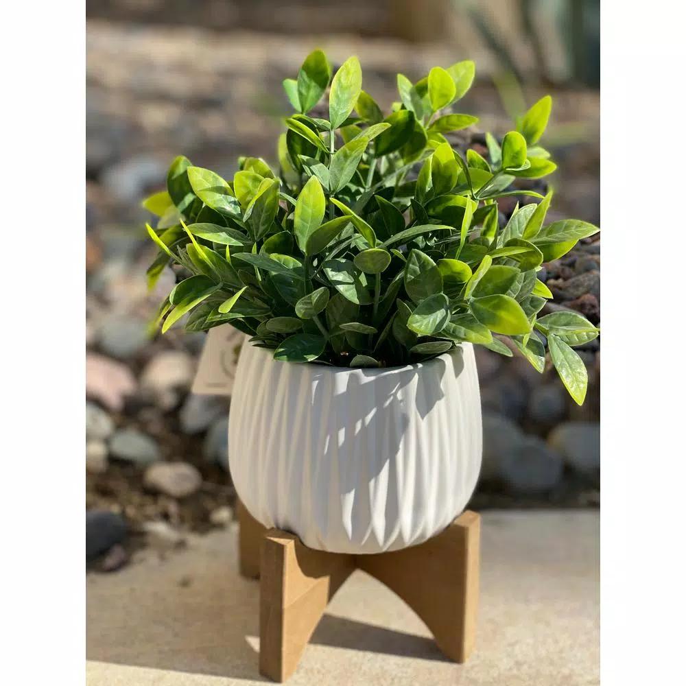 Flora Bunda 10.75 in. Faux Tea Leaf Plant in White Ridge Pattern Ceramic Planter with Wood Stand