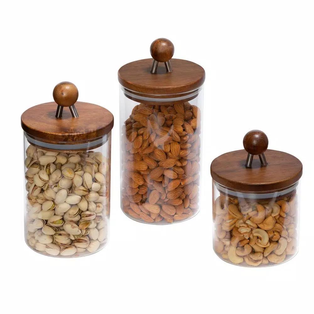 Honey-Can-Do 3-Piece Acacia Wood Top Borosilicate Glass Kitchen Canister Set