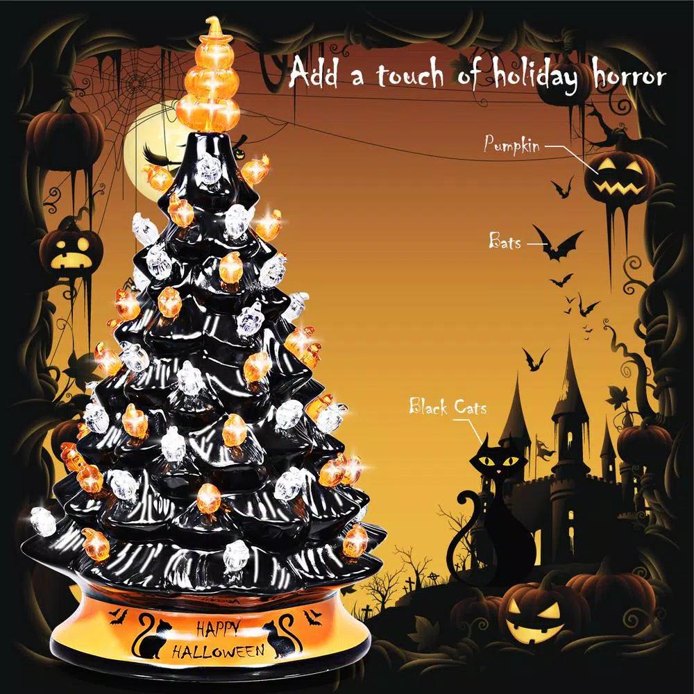 Costway 15 in. Black Ceramic Hand-Painted Halloween Tree with LED Lights and Pumpkin Top