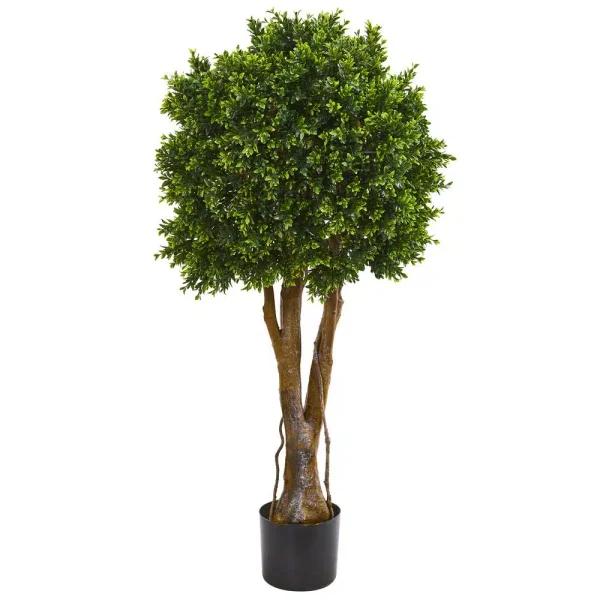 Nearly Natural 46 in. Artificial Boxwood Topiary Tree, UV Resistant Indoor/Outdoor Silk Plant with Planter
