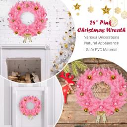 Costway 24 in. Pink Artificial PVC Christmas Wreath with Ornament Balls and Golden Bow thumbnail 5