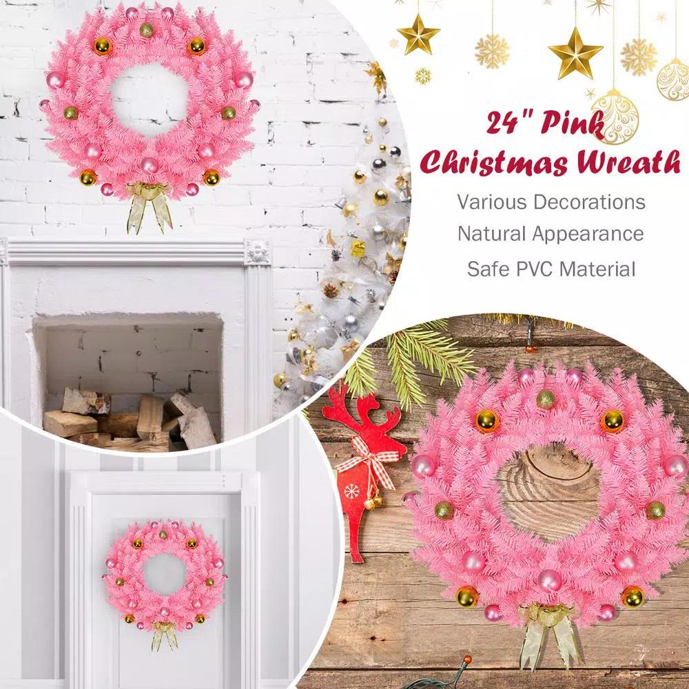Costway 24 in. Pink Artificial PVC Christmas Wreath with Ornament Balls and Golden Bow