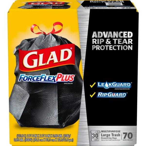 Glad ForceFlexPlus 30 Gallon Black Drawstring Trash Bags, Heavy Duty, 70 Count