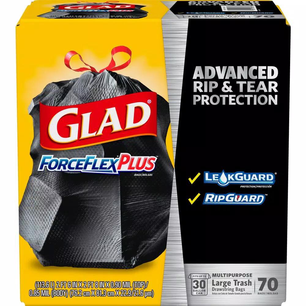 Glad ForceFlexPlus 30 Gallon Black Drawstring Trash Bags, Heavy Duty, 70 Count