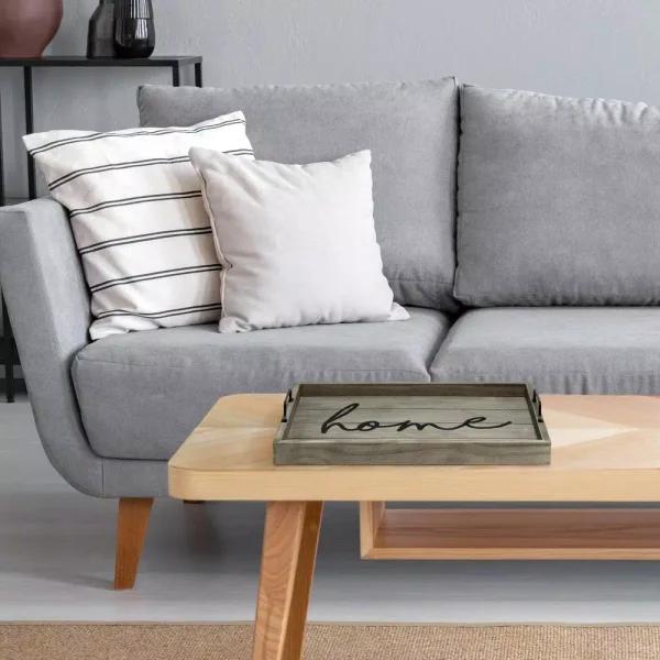 Elegant Designs Rustic Gray Wooden Decorative Serving Tray with Black Metal Handles