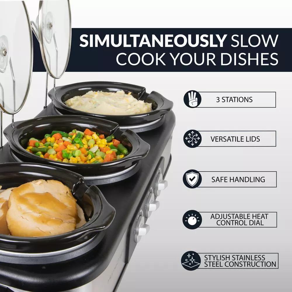 HomeCraft 3-Station Stainless Steel Slow Cooker Buffet with 3 Removable 1.5 qt. Ceramic Pots