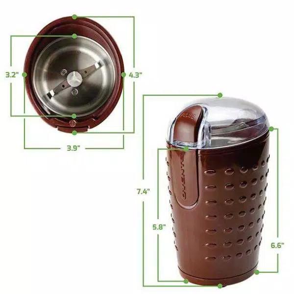 Ovente 2.5 oz. Electric Coffee Grinder with Stainless Steel Blades and Transparent Lid, Brown
