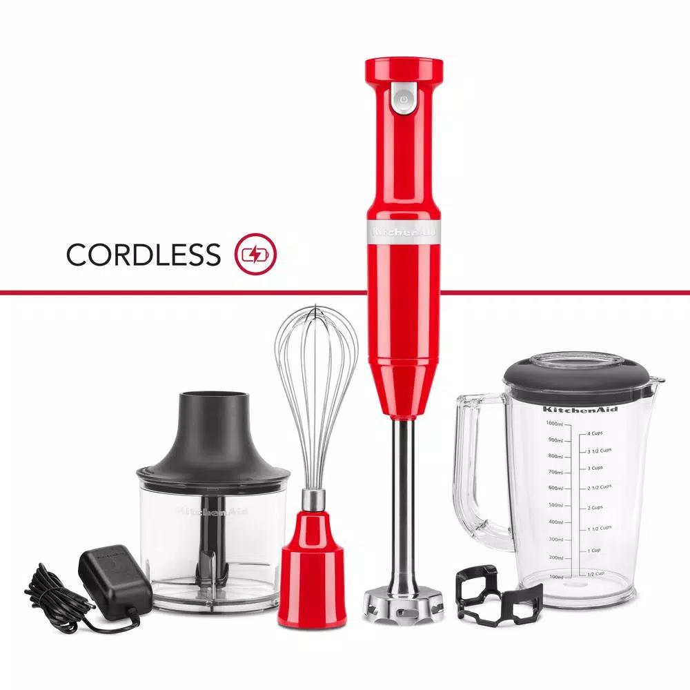 KitchenAid Cordless Variable Speed Hand Blender with Chopper and Whisk Attachments, Passion Red