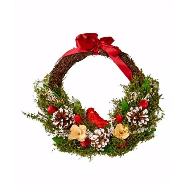 Worth Imports 13 in. Cardinal and Foliage Twig Wreath with Pinecones and Red Ribbon