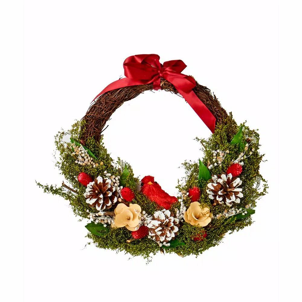 Worth Imports 13 in. Cardinal and Foliage Twig Wreath with Pinecones and Red Ribbon