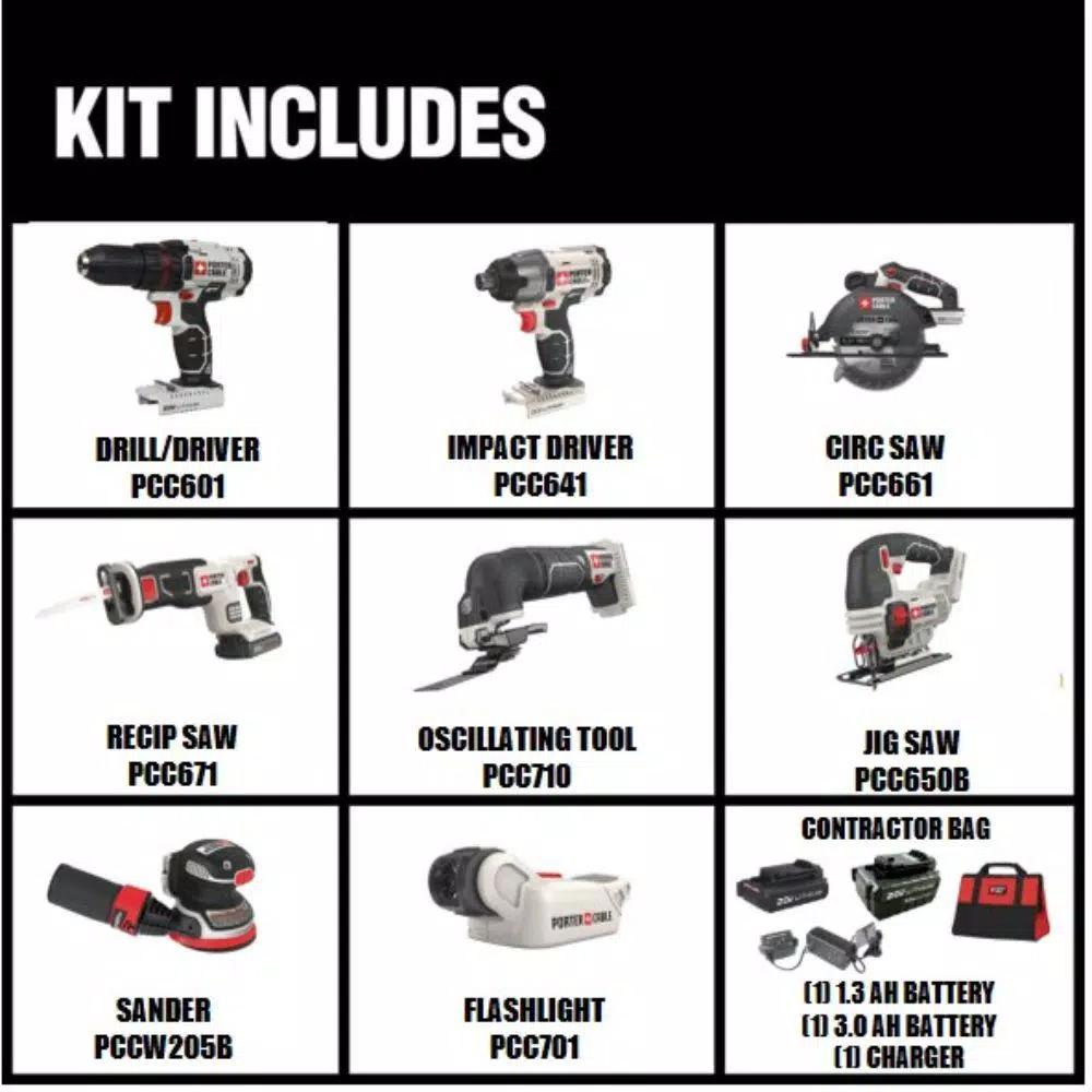 Porter-Cable 20V MAX Lithium-Ion Cordless 8-Tool Combo Kit with 2 Batteries and Charger