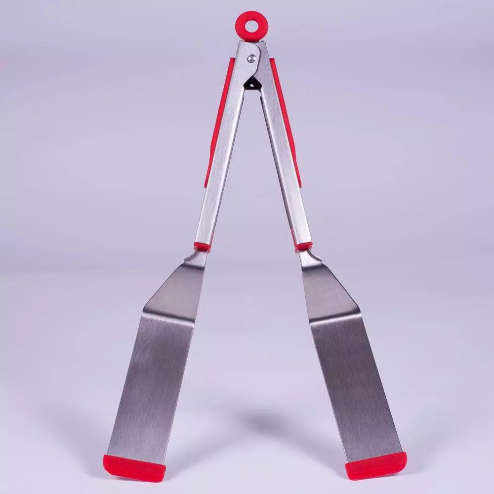 Chefright QuickScoop Brushed Stainless Steel Spatula Tongs with Silicone Edge, Red (Set of 2)