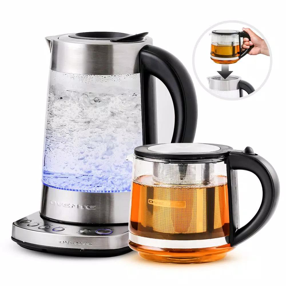 Ovente 1.7L Stainless Steel Glass Electric Kettle with ProntoFill Technology and 27-Oz Teapot Bundle