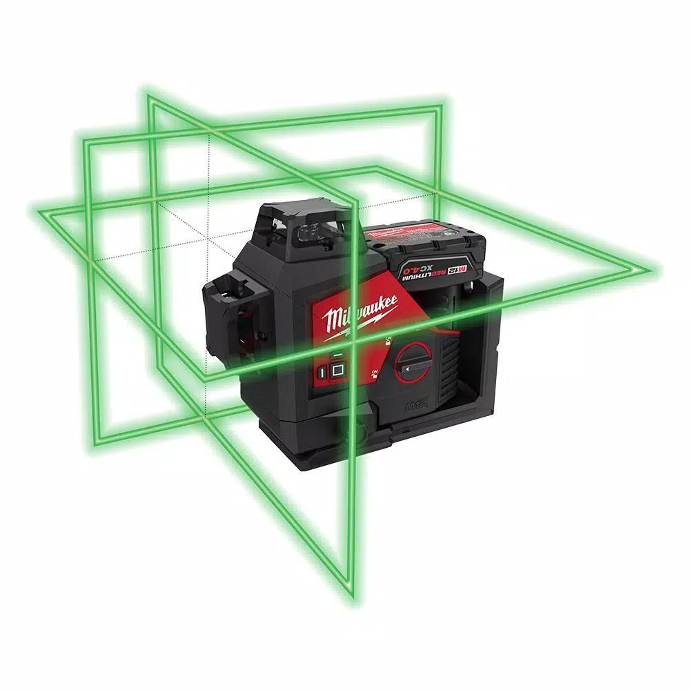 Milwaukee M12 Green 360° 3-Plane Laser Level Kit with 4.0 Ah Battery, Charger, and Case