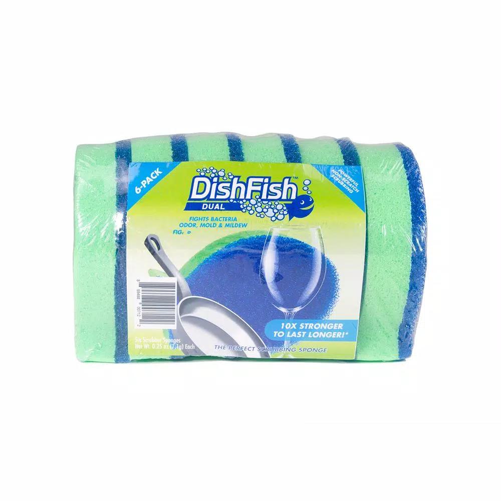 DishFish Dual Scrubber Sponge, Non-Scratch & Antibacterial, 6-Pack