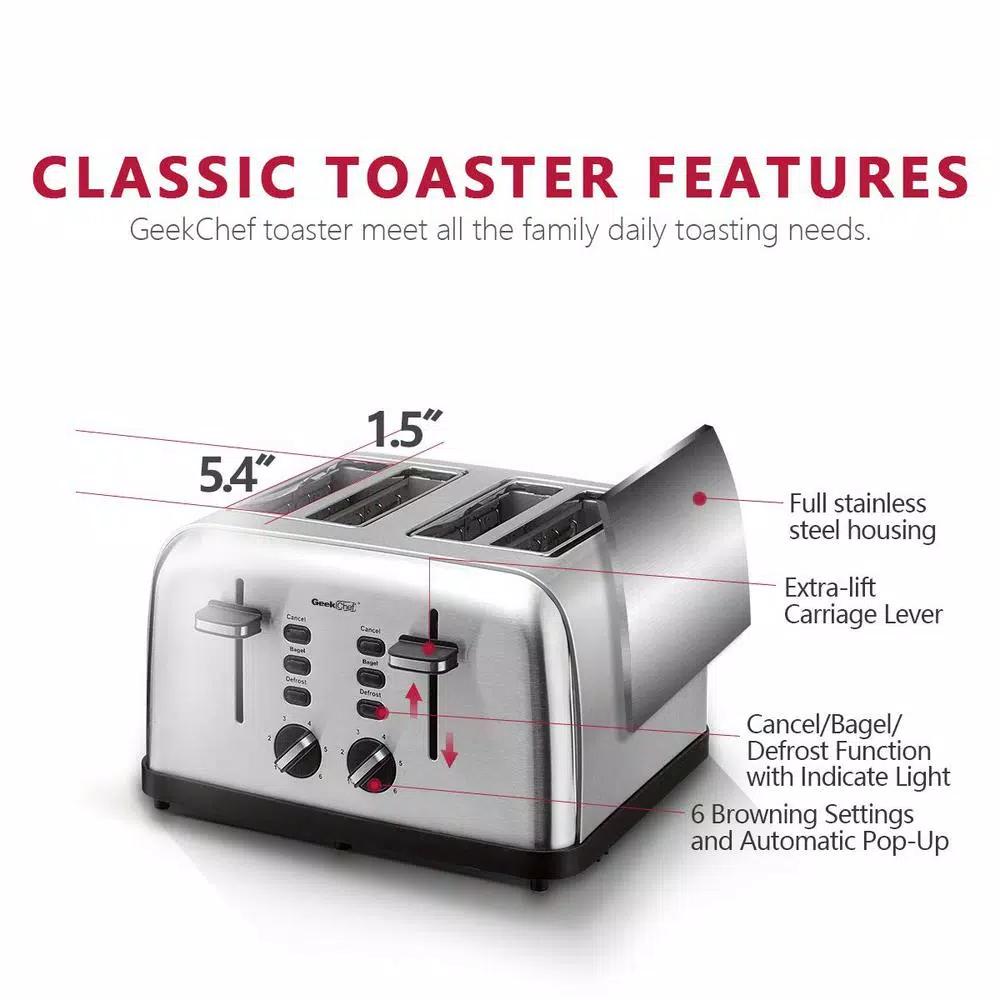 Boyel Living 1500W 4-Slice Wide Slot Toaster with Dual Independent Control Panels, Silver