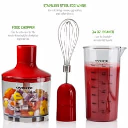 Ovente HS565 300W Immersion Blender Set with Chopper, Whisk, and 24 oz. Beaker - Red thumbnail 7