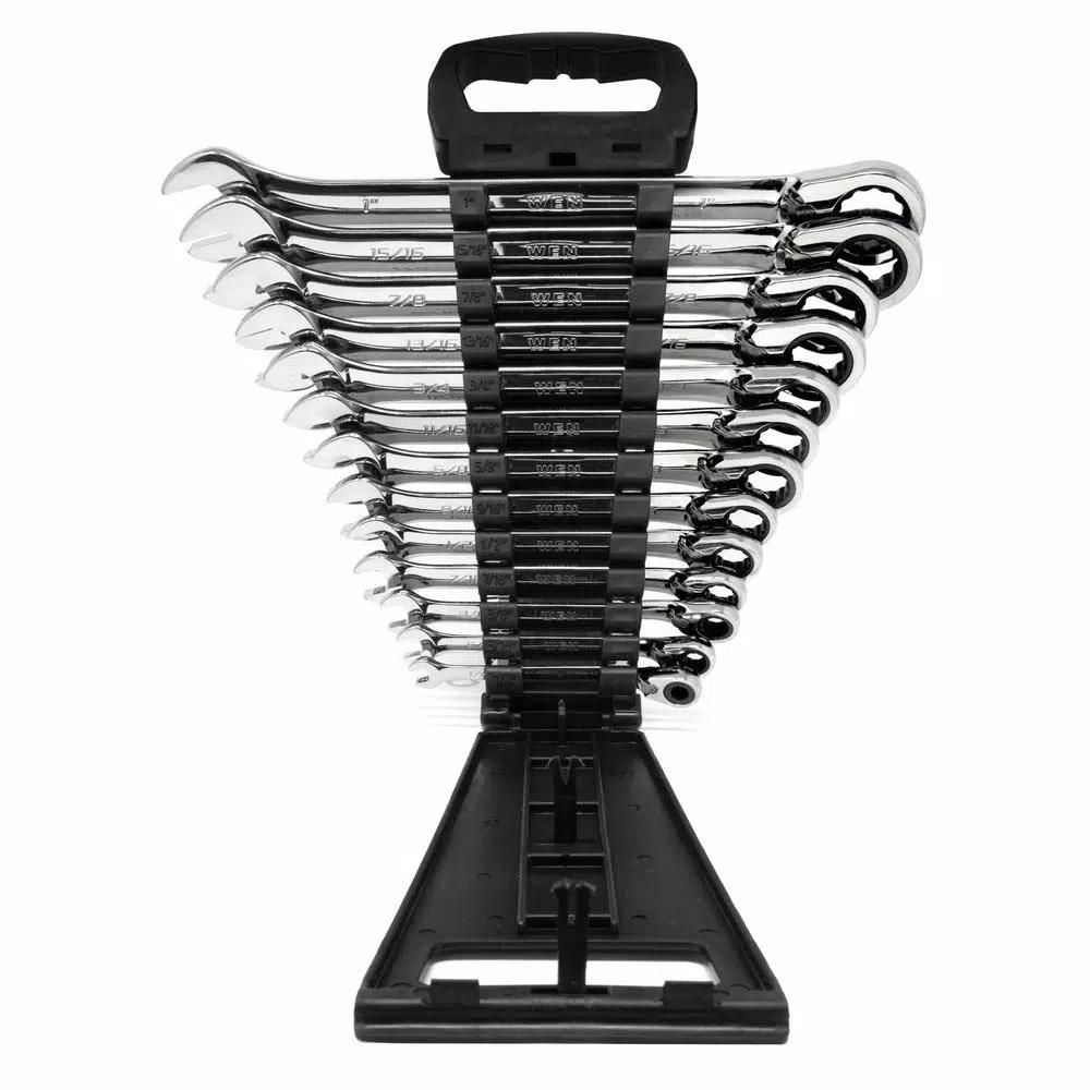WEN 13-Piece SAE Reversible Ratcheting Combination Wrench Set with Storage Rack