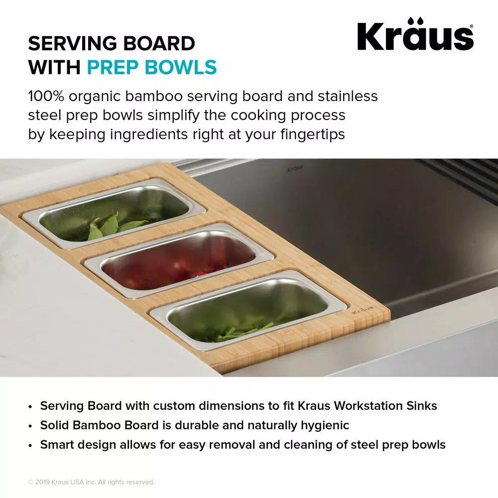 KRAUS Workstation Kitchen Sink Accessory Set: Bamboo Serving Board & 3 Stainless Steel Prep Bowls