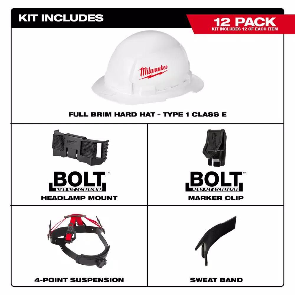 Milwaukee BOLT White Type 1 Class E Full Brim Hard Hat (12-Pack)