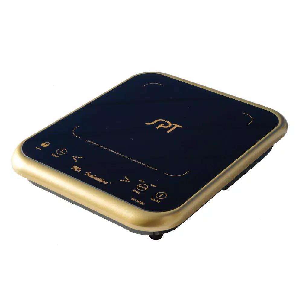SPT 1650W 8 in. Single Burner Induction Cooktop with 3.5L Stainless Steel Pot and Glass Lid, Black & Gold