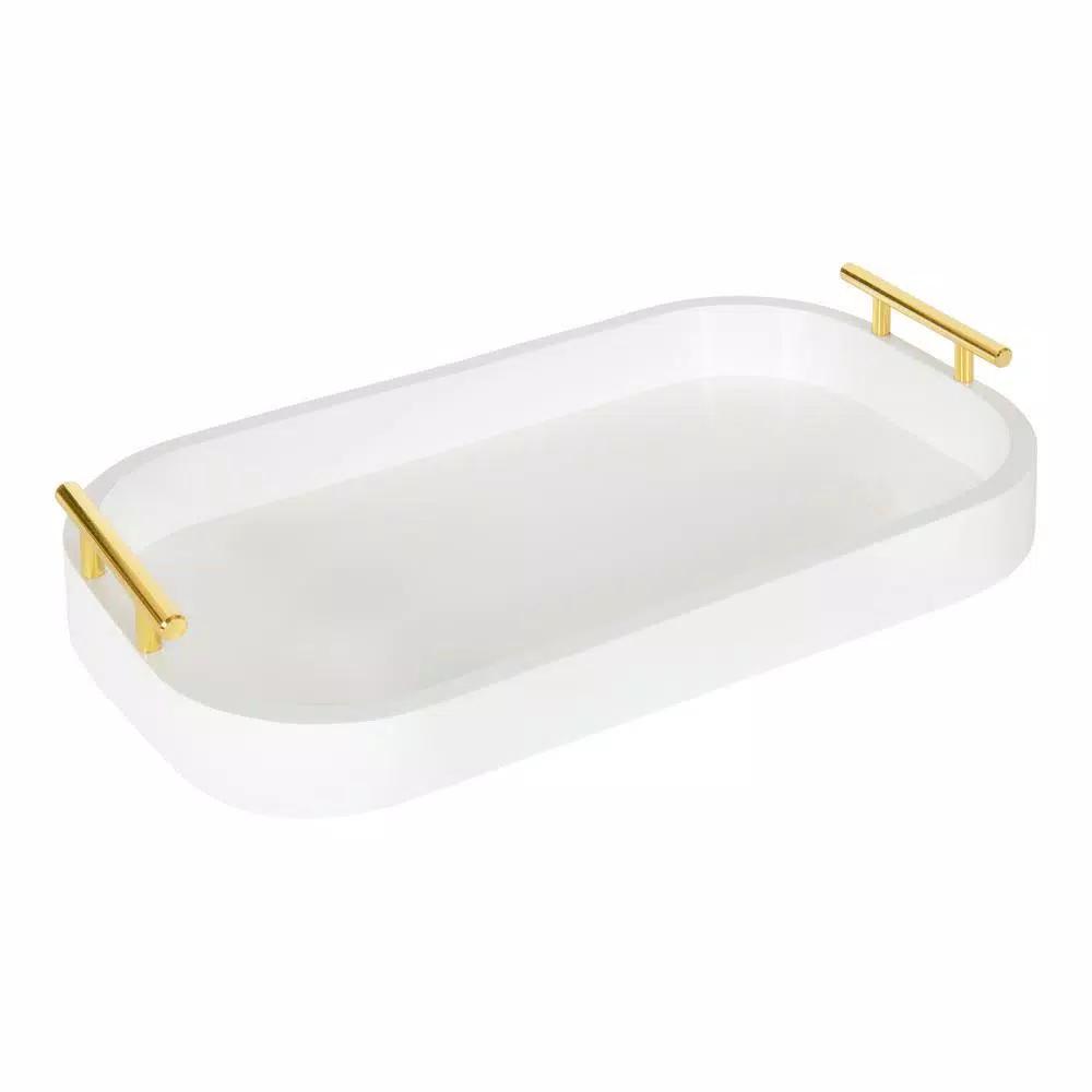 Kate and Laurel Lipton White Decorative Wood Tray with Gold Metal Handles