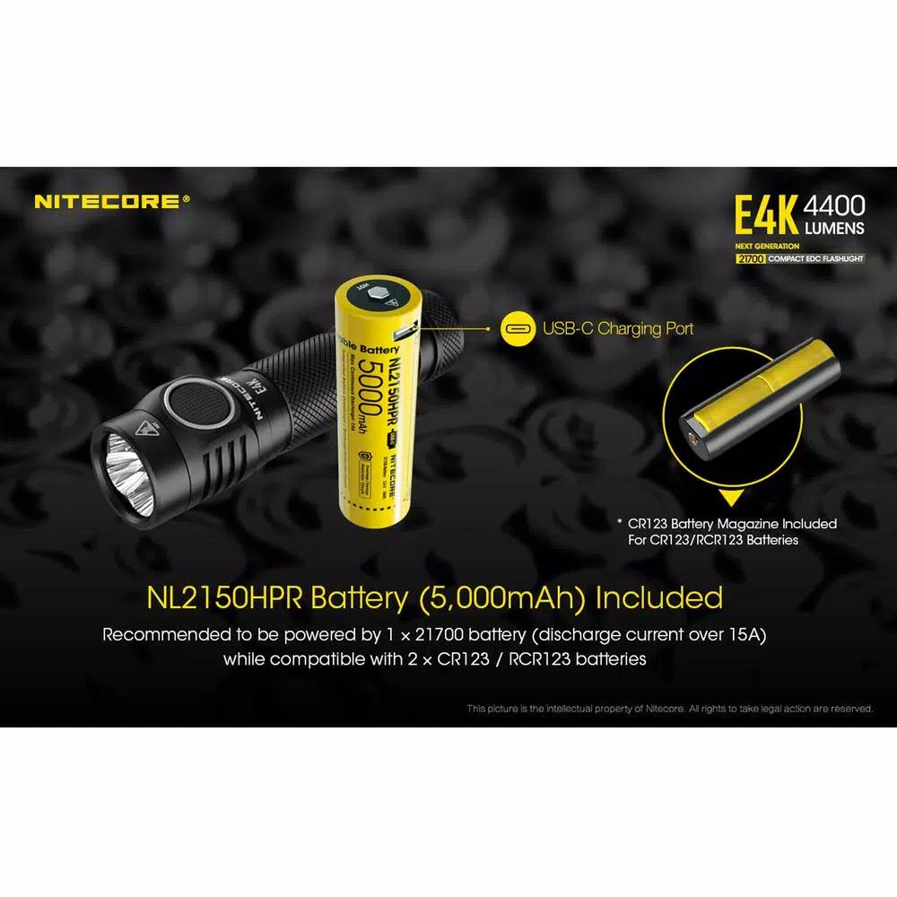 NITECORE E4K Tactical EDC Flashlight, 4400 Lumens, USB-C Rechargeable, Waterproof & Impact Resistant