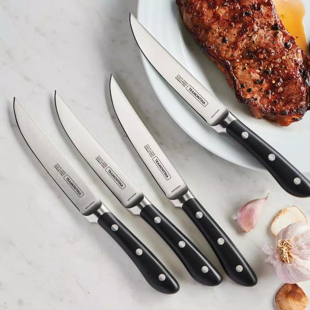Tramontina 4-Piece 5 in. High Carbon Stainless Steel Serrated Steak Knife Set with Black Polycarbonate Handles