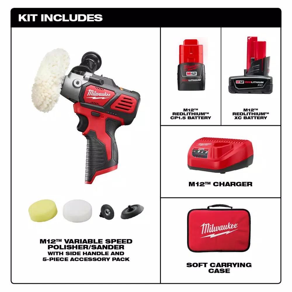 Milwaukee M12 12V Lithium-Ion Variable Speed Polisher/Sander Kit with (2) Batteries, Charger & Accessories