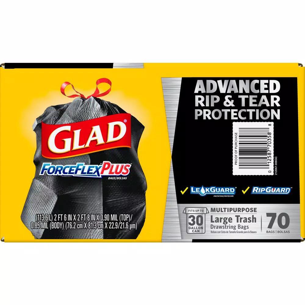 Glad ForceFlexPlus 30 Gallon Black Drawstring Trash Bags, Heavy Duty, 70 Count