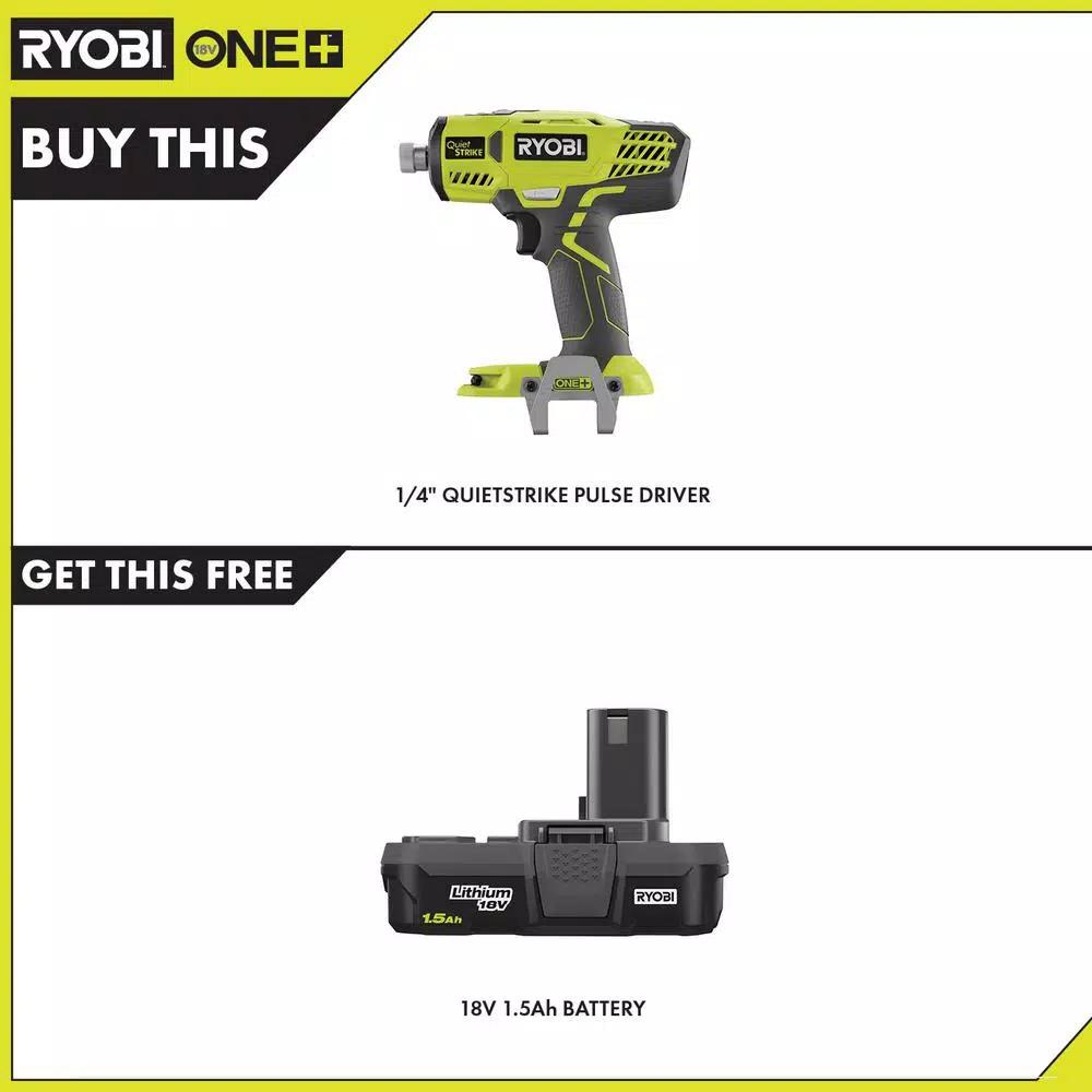 RYOBI 18V ONE+ QuietSTRIKE 1/4 in. Hex Pulse Driver Kit with 1.5 Ah Battery