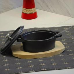 Gibson Home Campton 0.35 qt. Oval Cast Iron Mini Casserole Dish with Lid and Wood Base, Black thumbnail 7