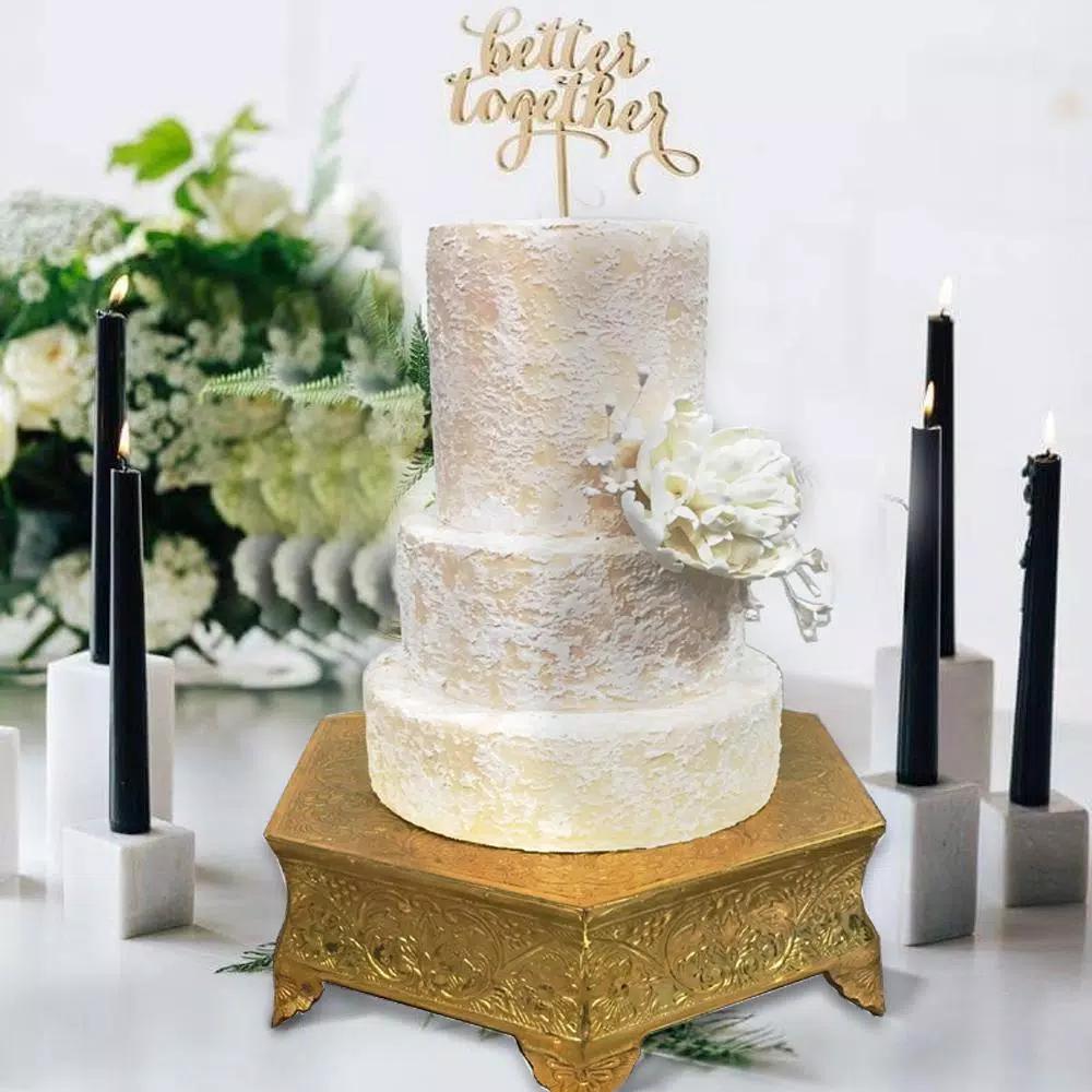 Benzara 14 in. Gold Hexagonal Metal Wedding Cake Stand with Hammered Center