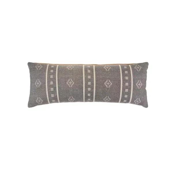 LR Home Embroidered Ethnic Floral Throw Pillow, 14 x 36 in, Gray and Cream Cotton