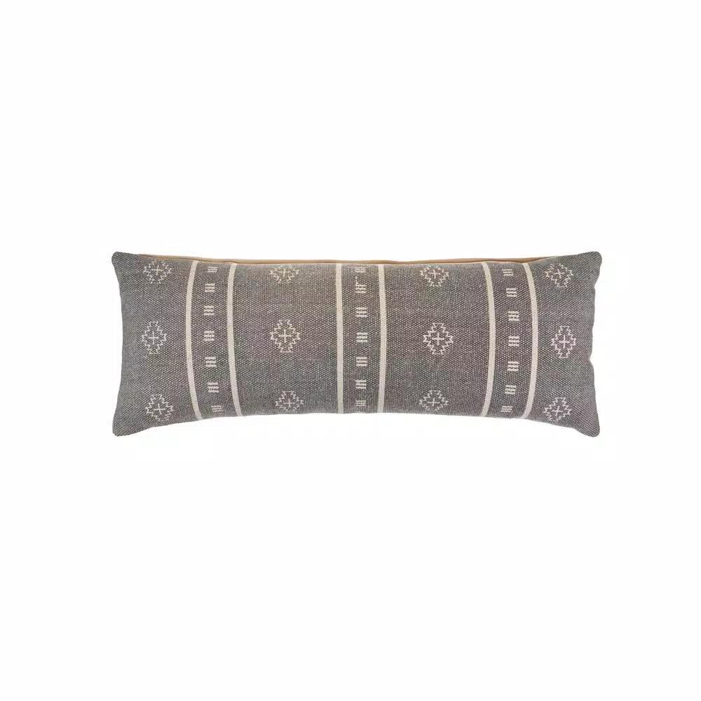 LR Home Embroidered Ethnic Floral Throw Pillow, 14 x 36 in, Gray and Cream Cotton